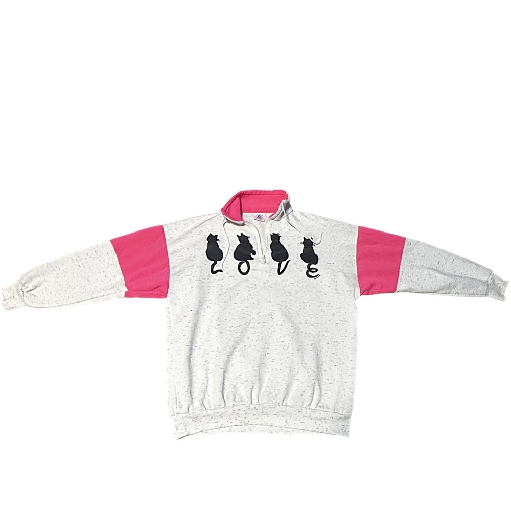 Vintage Magic USA Cat LOVE Quarter Zip Sweatshirt Pink Colorblock Women’s L - Picture 5 of 16